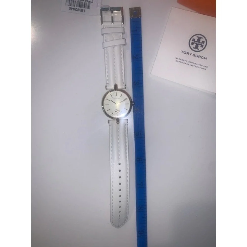 Tory Burch TBW2040 Gold Tone White Leather Band‎ Logo Dial Women's Watch NIB